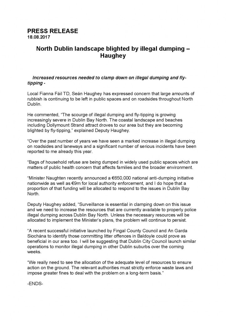 PRESS RELEASE Seán Haughey Fly Tipping